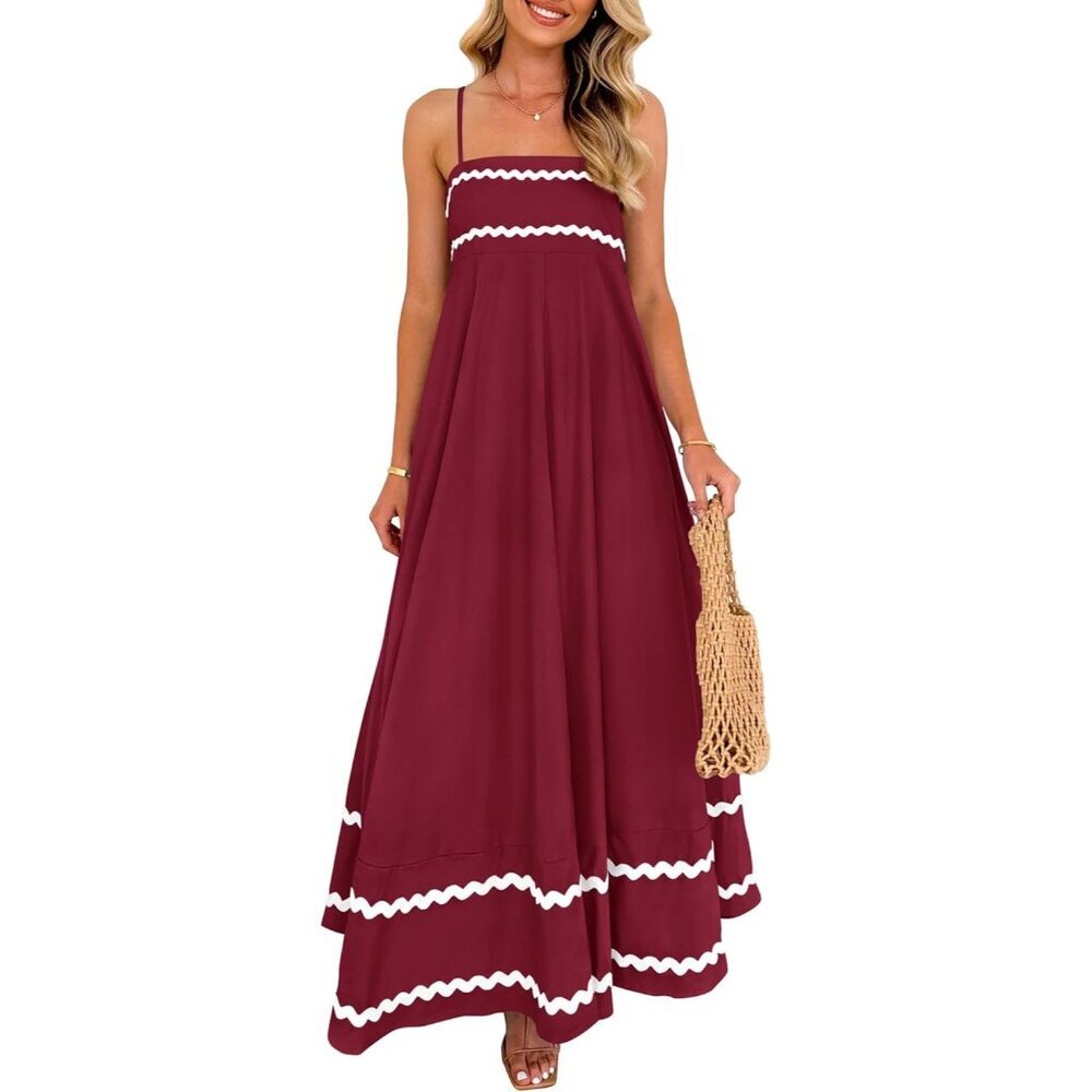 Women's Dark Red Casual Sleeveless Spaghetti Strap Ruffle Beach Maxi Dress